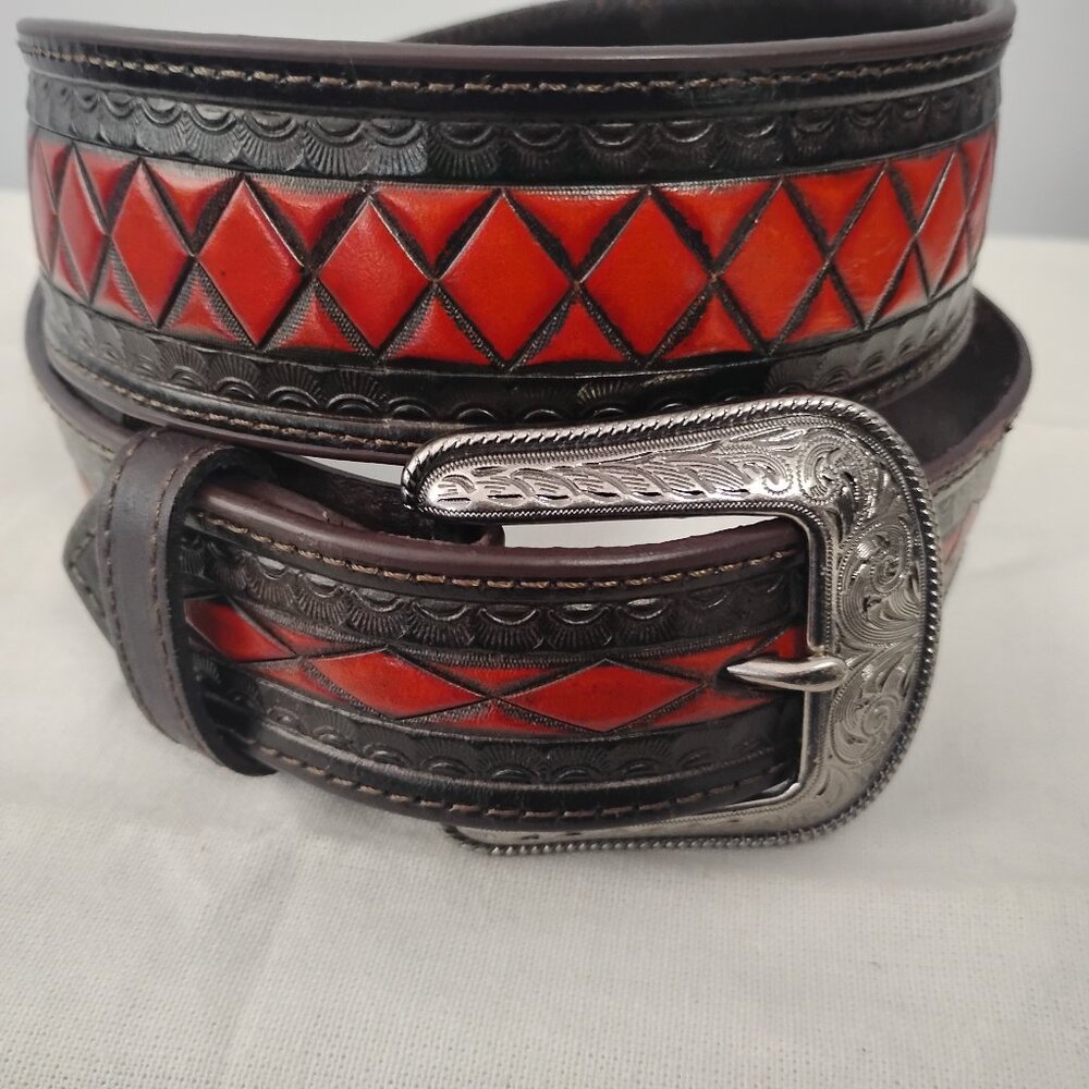 ❤️Mens 3 DBELT GENUINE LEATHER WESTERN STYLE BELT AND SILVER BUCKLE SZ 36